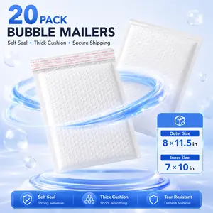 20 Pack White Bubble Mailers 8x11.5 Inch Padded Envelopes, 7x10 Inch Usable Space, Self Adhesive Cushion Mailing Bags for Shipping Small Items