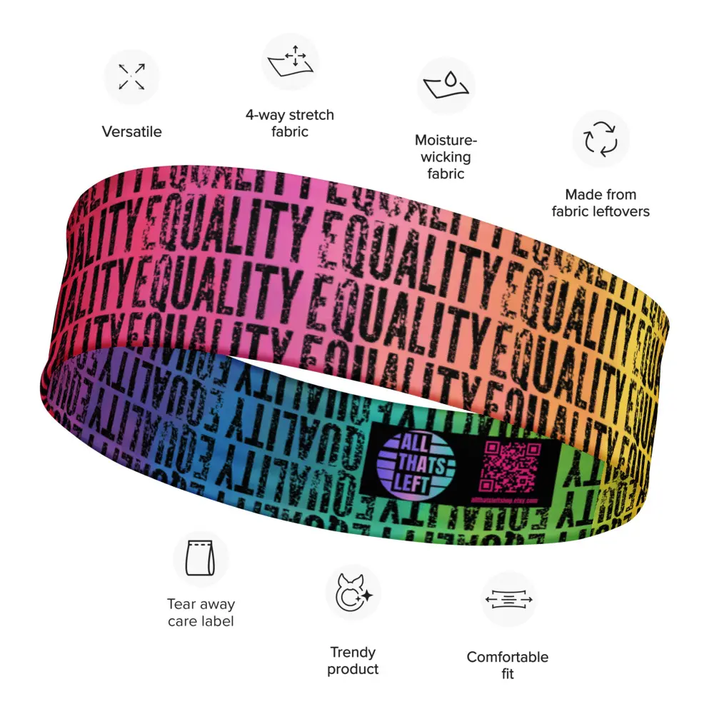 EQUALITY PRIDE Stretch Headband Black/Rainbow All Over Print | LGBTQIA+ Hairband | Human Rights Active Sweatband | Protest Workout Accessory