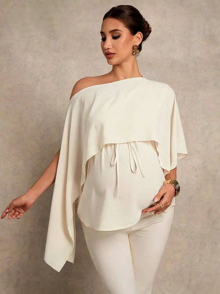 NOGN x MaterniChic Maternity Clothes Maternity Tops Elegant Maternity Solid Color Asymmetrical Neck Twist 2 In 1 Shirt Elegant