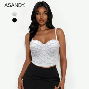 ASANDY Glittery Pearl-Embellished Bustier Crop Top Black/White Sleeveless Spaghetti Strap Corset Top Chic Party Date Night Formal Top Structured Sweetheart Neckline All-Season Fashion