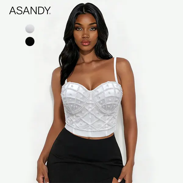 ASANDY Women's Feminine Fashion Formal Corset Camisole Top - Chic Short, Glittery Pearl-Embellished, Sleeveless Spaghetti Strap, Structured Sweetheart Neckline Bustier Crop Top for Party, Date Night (Womenswear), Camisole Tops, Elegant Sleeveless