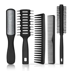 Men’s 5-Pcs Textured Hair Brush & Styling Comb Set, Barber Tools for Volume, Blow Drying, Slick Back & Detangling Daily Grooming