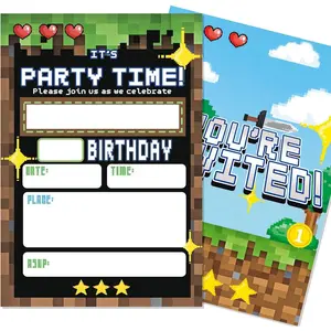 Birthday Party Invitations Boy - Pixel Party Invitations - 20 Sets Birthday Invitations for Boys Girls Kids - 5 X 7 Inch Pixel Theme Bday Party Decorations - 20 Invitations with Envelopes and Stickers
