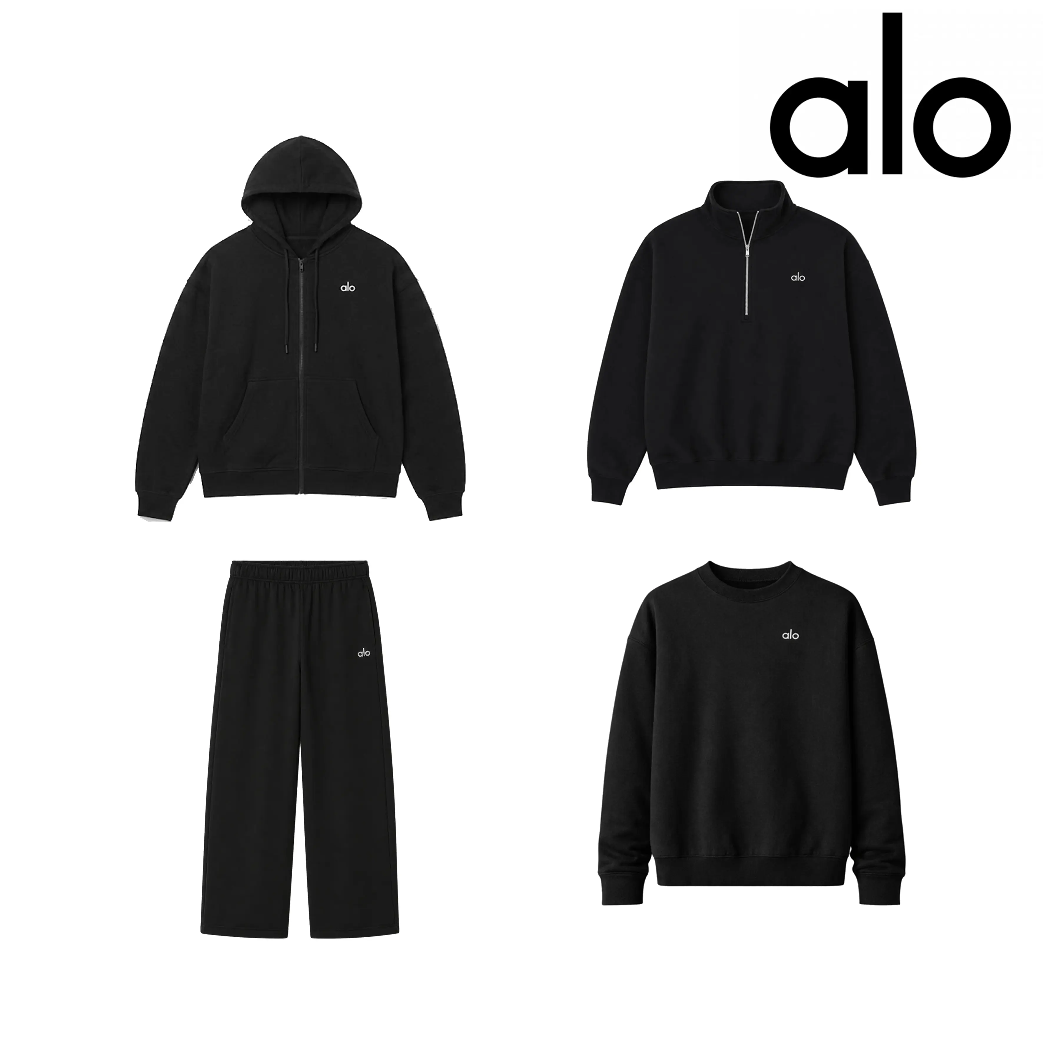 Alo Yoga Black Accolade Fleece Set Zip Hoodie Quarter Zip Crewneck Sweatpants Tracksuit Women
