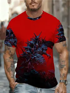 2026 New 3D Stereoscopic Men's Graphic Print Short Sleeve T-Shirt Godzilla Print Comfortable Breathable Trendy Street Casual Outfit Red Background Monster Rising Design Stylish Soft Daily Wear Soft Br