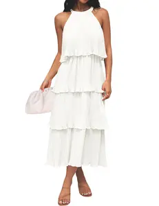 ZESICA Women's 2026 Summer Sleeveless Halter Neck Ruffle Tiered Layed Chiffon Flowy Swing Long Midi Dress