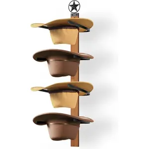 Cowboy Hat Rack, 4- Western Hat Rack For Wall with  Wooden Board,  Cowboy Hat Holder for Wall Decor Keeps  Shape of Hat
