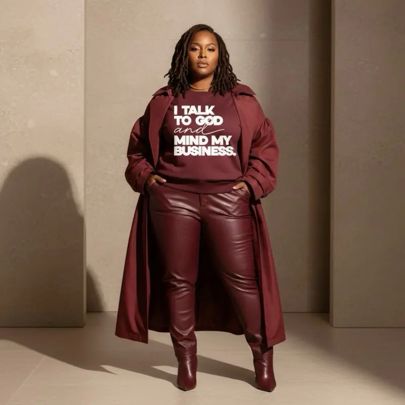 Women's Cute Premium Ribbed Cotton Hoodie Pullover - Faith-Inspired "I Talk to God & Mind My Business" Statement Print, Denim Accents, Leather Trim, Soft Fabric, Trench-Inspired Fit Longsleeves Sweatshirt, Faith-Inspired Statement Women's Pullover Sweatsh