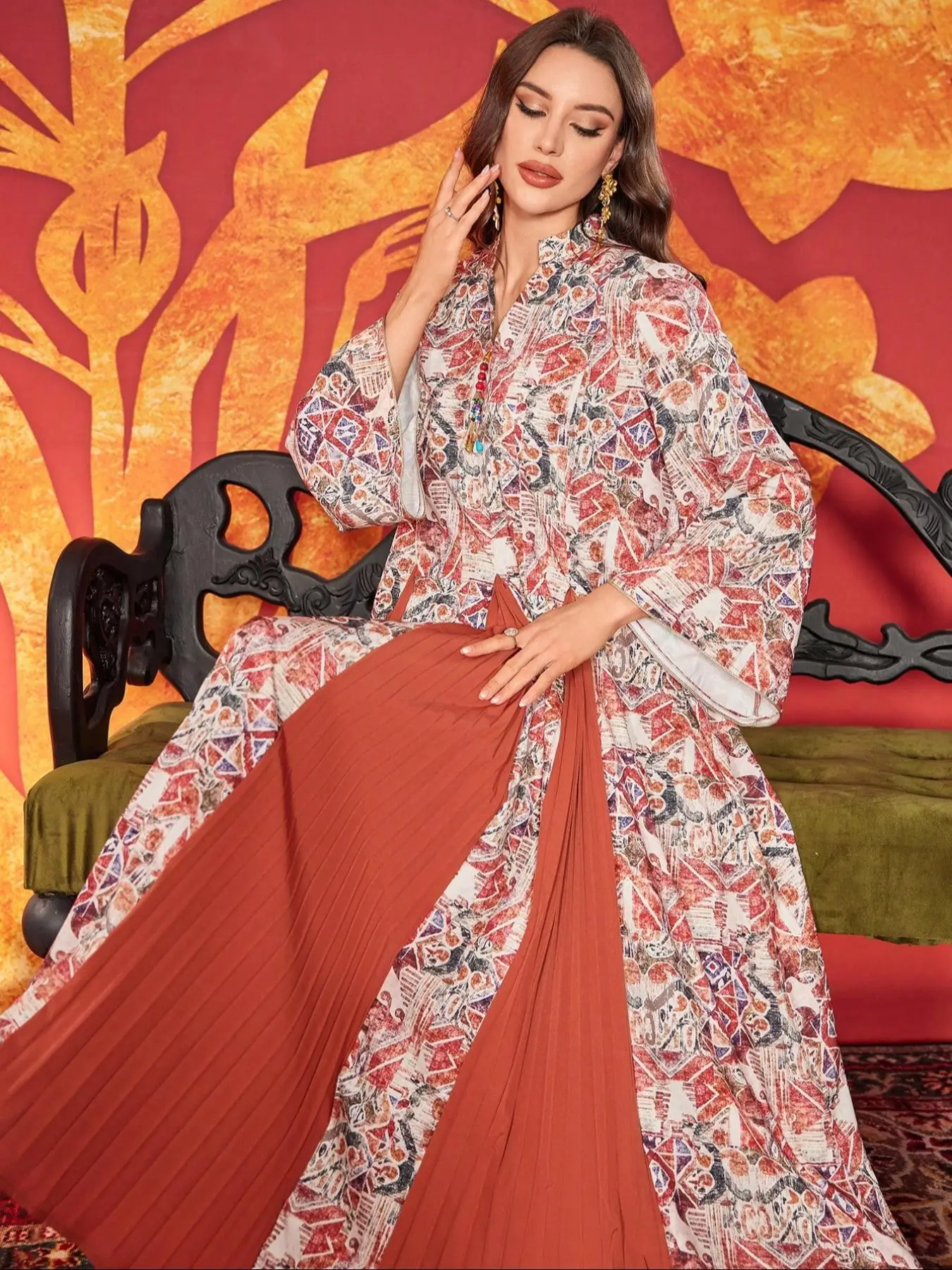 Women's Random Print Open Front Abaya, Elegant Long Sleeve Outerwear for Daily Wear, Ladies Islamic Clothing for All Seasons