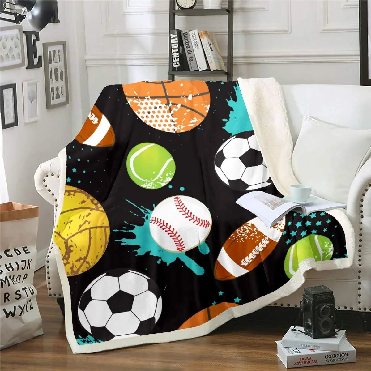 Sports Plush Sherpa Throw Blanket,Basketball Football Baseball Tennis Home Bedroom Decor Fuzzy Blanket,and Throws Ball Pattern Fleece Blanket