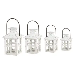 Kate Aspen Decorative Lanterns - Set of 4 - Vintage Metal Lantern Candle Holders for Wedding, Home Decor and Party, Pack of Different Sizes - Small/Medium/Large/Extra Large – White