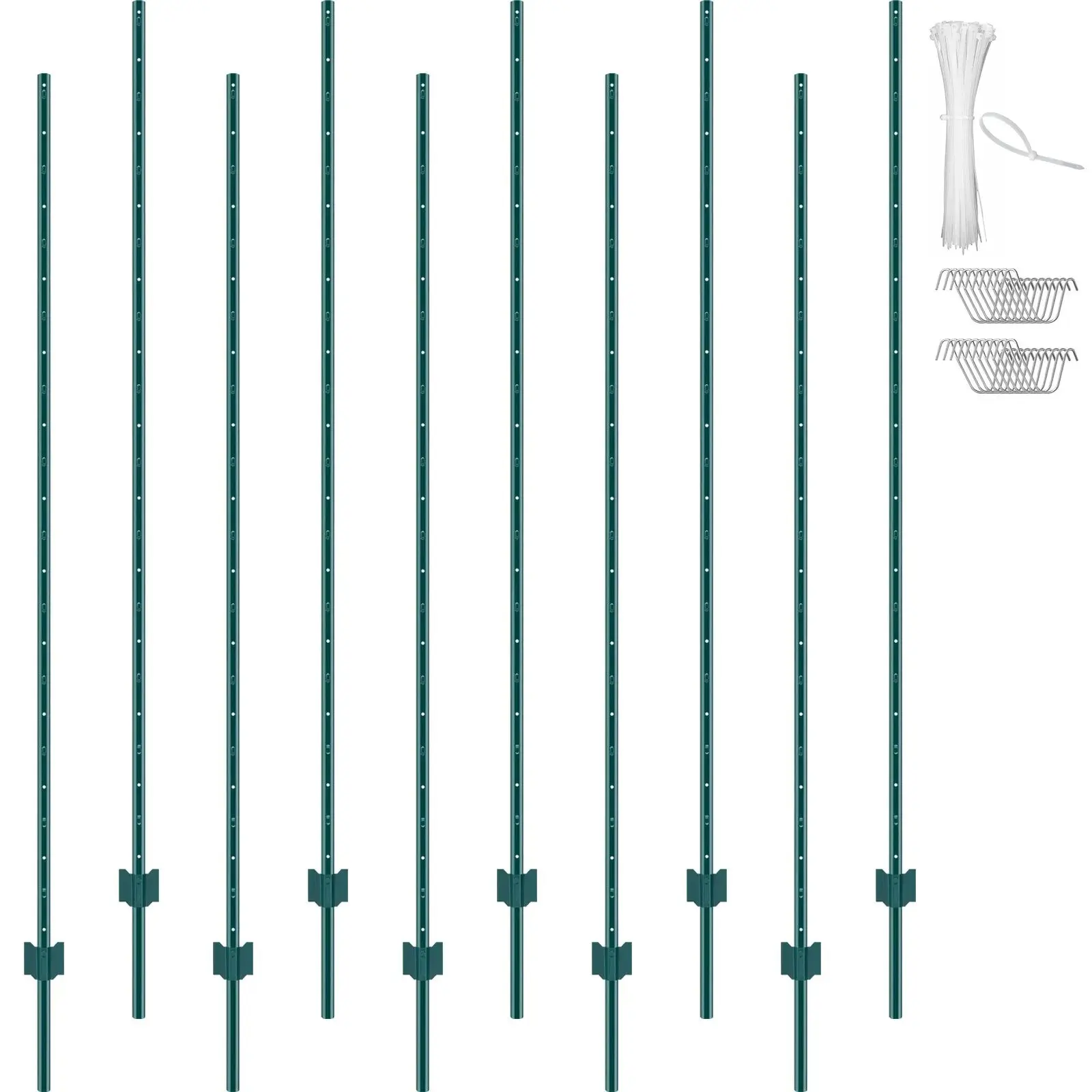 7 Feet Fence Post, 10 Pack U-Channel Heavy Duty Metal Fence Posts, Sturdy Steel Fence Stakes for Garden Yard, Lawn, Farms and Outdoor Wire Fencing, Green