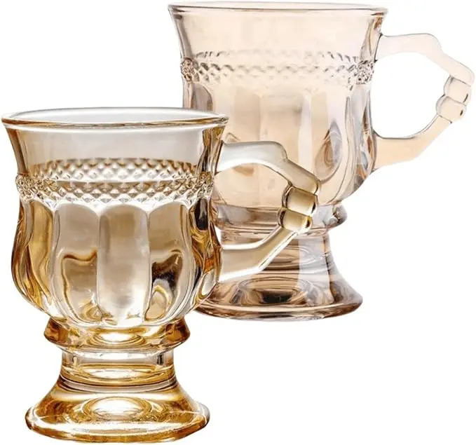 Vintage Irish Coffee Mugs, Crystal Clear Irish Coffee Glass with Handle, Footed Stem Base, Heat Resistant, Heavy Duty Cups for Hot Chocolate, Tea, Coffee, Beige，small gift of sophistication and elegance (2pcs)