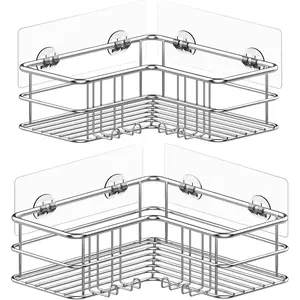2 Pack Corner Shower , Adhesive Bathroom Shelf with 8 Hooks, Rustproof Stainless Steel Bathroom Organizer, No Drilling Shower Shelves Basket Wall Storage Rack Shampoo Holder ()