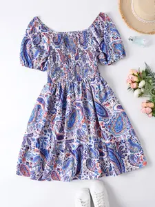 Plus Size Floral Print Puff Sleeve Shirred Ruffle Hem Dress, Summer Clothes Women, Plus Boho A Line Dress for Beach Holiday Wedding Guest, Lady's Summer Outfits