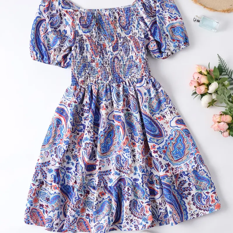 Plus Size Floral Print Puff Sleeve Shirred Ruffle Hem Dress, Summer Clothes Women Casual Wear, Boho Printed Dress, Plus Boho Bohemian A Line Dress for Beach Holiday Wedding Guest, Lady's Summer Outfits