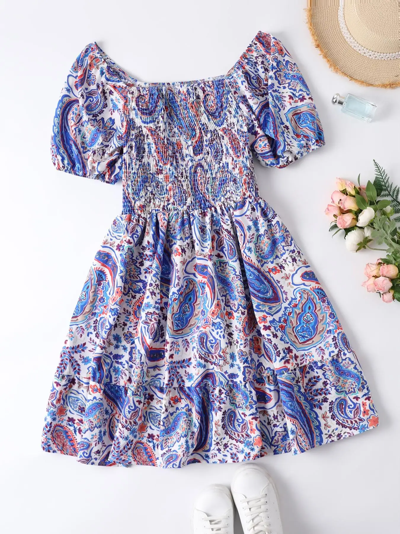 Plus Size Floral Print Puff Sleeve Shirred Ruffle Hem Dress, Summer Clothes Women, Plus Boho A Line Dress for Beach Holiday Wedding Guest, Lady's Summ