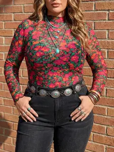 Women's Ditsy Floral Mesh Long Sleeve Top, Transparent Slim Fit Layered Shirt, Plus Size Fashion Blouse for Casual Wear, Casual Boho Blouses, Bohemian Casual Top