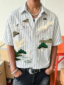 Men's Cropped Striped Button-Up Shirt, Japanese Ukiyo-E Crane Print, Classic Casual Streetwear for Everyday, Hangouts & Travel