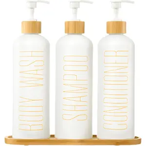 White Shower Dispenser for, 17 Oz Shampoo and Conditioner Dispenser, Refillable Body Wash Container with Bamboo Pump, Tray, Funnel, Perfect for Guest Room, 3 Pack