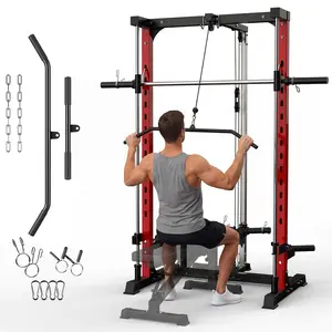 Garvee Smith Machine, 1000LBS Multi-Functional Smith Machine Home Gym, Squat Rack with LAT-Pull Down System, Power Rack with Barbell Bar, Power Cage with Attachments Full Body Training, Black/Red