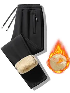 Men's Solid Zipper Pocket Drawstring Jogger Pants, Regular Fit Casual Comfy Thermal Lined Trousers for Fall & Winter, Men's Bottoms for Daily Wear