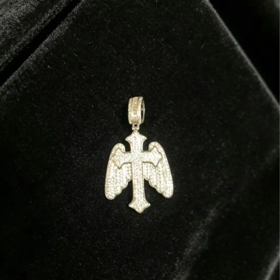 M2-8020 Iced Angel Cross Charm Pendant - Street Style Metallic Bling Sparkle Costume Jewelry, Bold Fashion Accessory for Hip-Hop Stars
