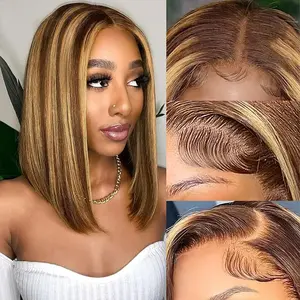 weallbob 5x7 Lace Closure Bob Wig 14 Inch Honey Blonde Bob 4/27 Highlight Wear and Go Glueless Human Hair Short Straight Bob Wigs No Glue Pre Plucked Colored Wigs for Women