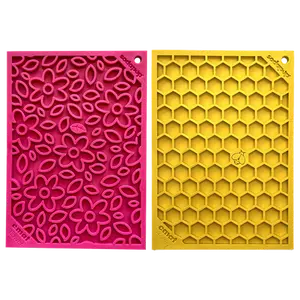 eMat Small Pink Flower Power & Yellow Honeycomb Lick Mat Bundle for Dogs - Enrichment Toy for Calming & Entertaining - 5x7x0.25in Dishwasher Safe - Feeder