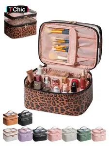 Large Makeup Bag with Brush Storage, Double Layer Cosmetic Bags for Women Girls, vanity bag, Waterproof Leather Toiletry Bag for Women, Travel Makeup Bag Skincare Bag with Zipper & Portable Handle, Makeup Organizer Pouch
