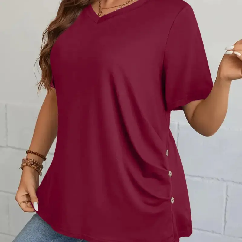 Plus-Size Plain Decorative Button Ruched Tee, Casual Short-Sleeve V-Neck T-Shirt for Summer, Plus-Size Women's Clothing for Daily Wear Everyday