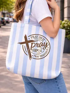 Christian Tote Bag , Pray over it on it through it Tote Bag, Christian Quote ,Faith Gift Blue Aesthetic Reusable Shopping Bag