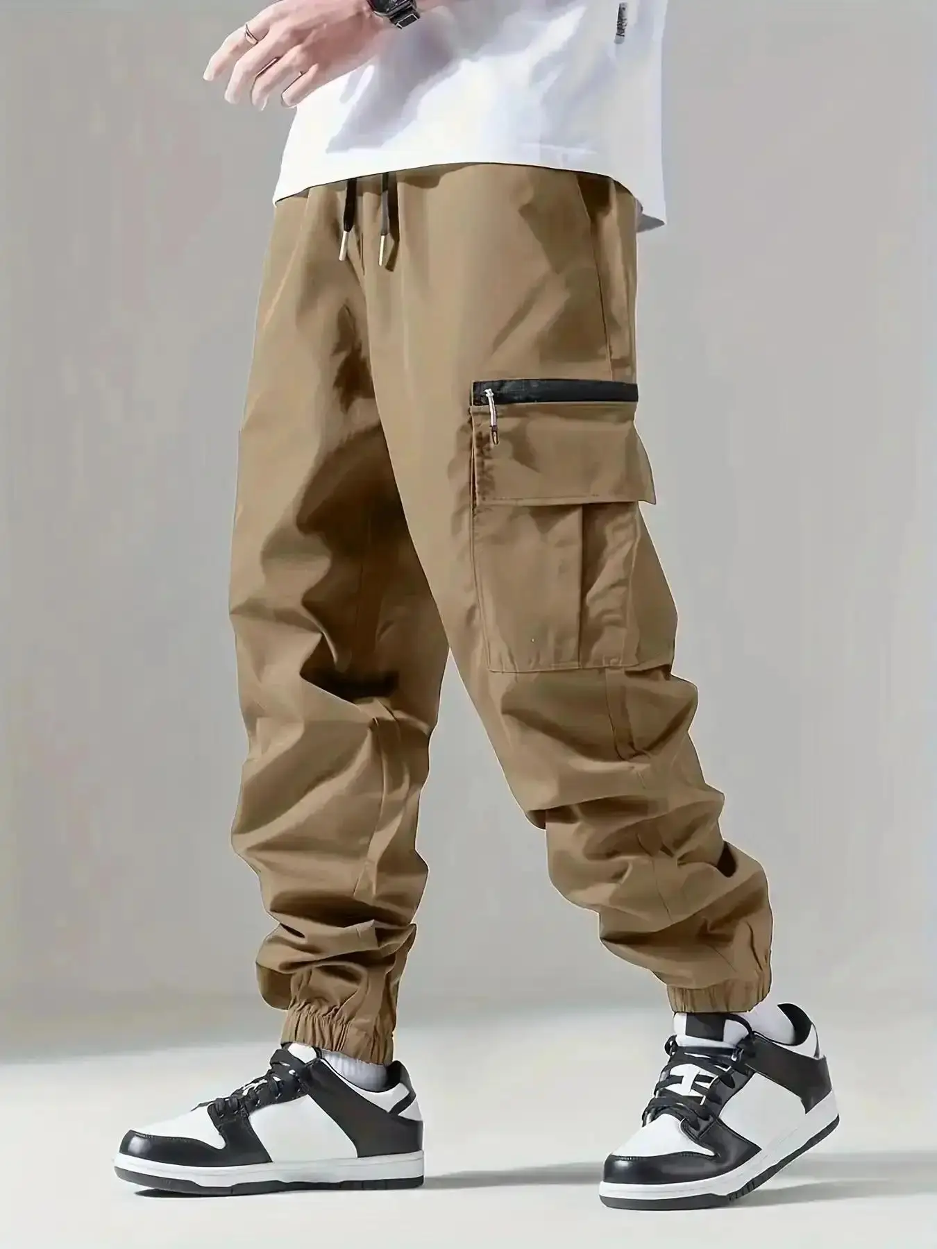Men's Solid Flap Pocket Drawstring Waist Cargo Pants, Casual Regular Fit Zipper Jogger Pants for Outdoor Sports Hiking, Pants for Men's, Cuffed Cargos Pants, Fashion Trousers for Spring & Fall, Men's Pants