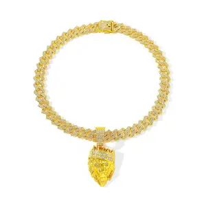 Lion Head Pendant Necklace — Moissanite-Inlaid Cuban Chain — Vintage Hip-Hop Street Style — Party & Club Wear — Everyday Fashion Jewelry — For Men, Teens, & Y2K Enthusiasts — Bold Statement Piece — Luxury Accessory