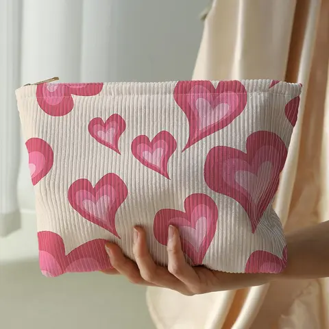 Heart Pattern Corduroy Makeup Bag, Travel Makeup Pouch, Large Capacity Zipper Cosmetic Storage Bag, Toiletry Bag for Women & Girls, Lightweight Multi-functional Bag, Cosmetic Travel Bags, Travel Essentials