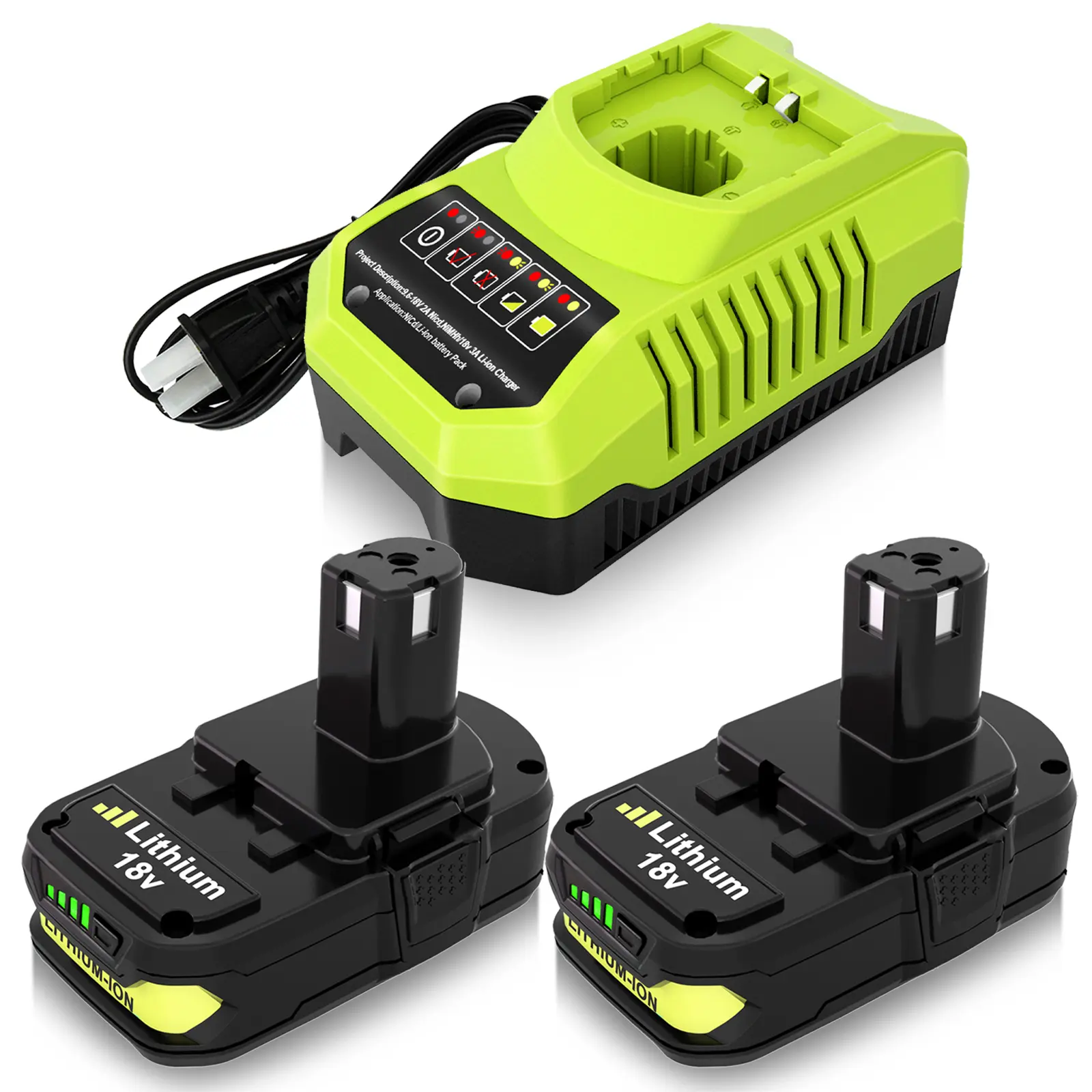 2/4 Pack Replacement for Ryobi 18V Battery & Charger Set – 3.0Ah  P108, P102 – Includes P117 Charger – Fits P103, P104, P105, P107, P109, P190, P191, P122 & ONE+