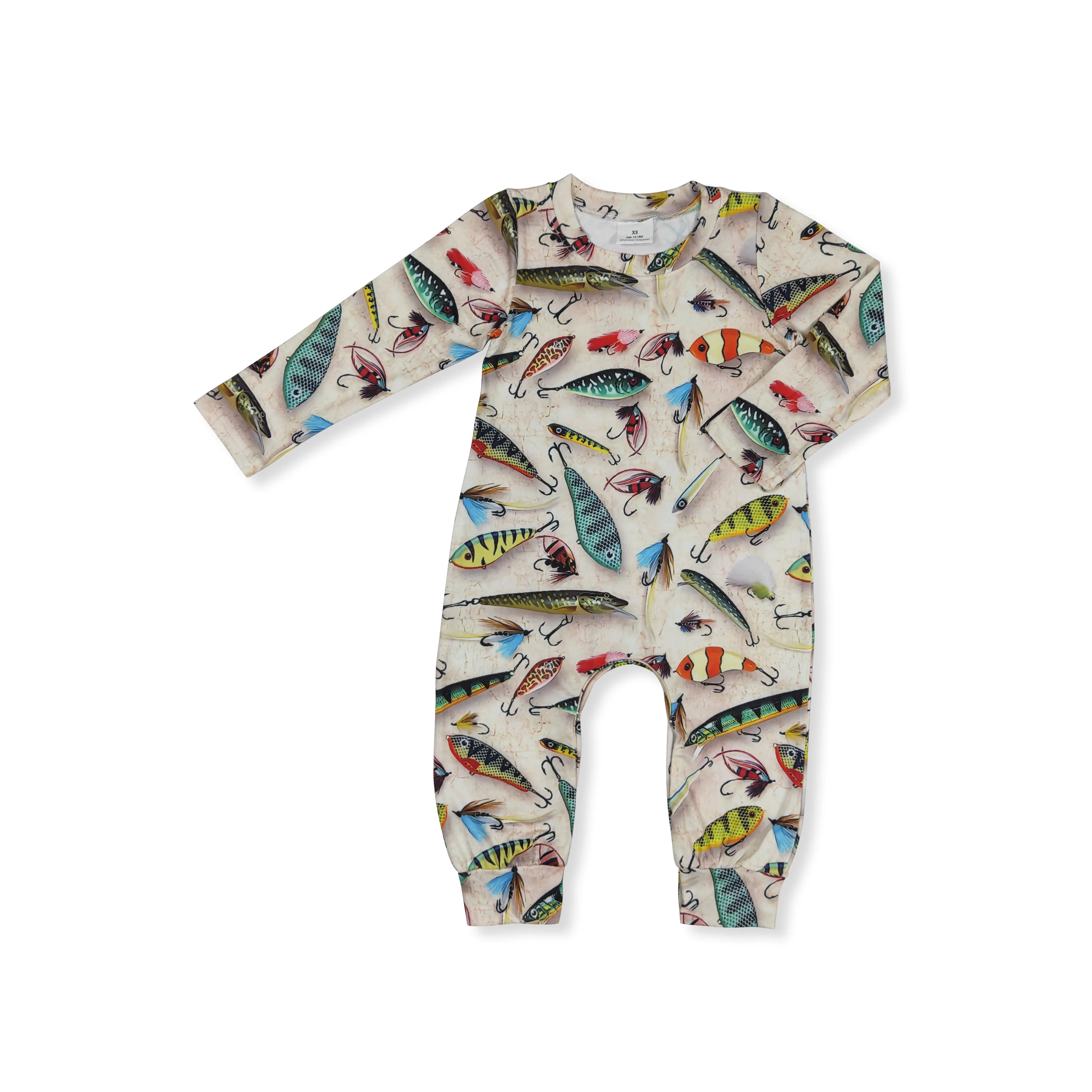 Cute Fishing Print Onesie Bodysuit, Soft Long Sleeve Infant Outfit for Newborn Babies, Comfortable Everyday Wear