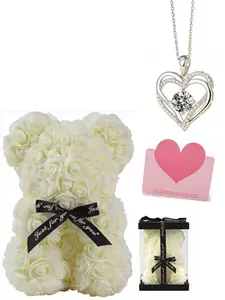 Handmade Eternal Flower Teddy Bear Necklace Set, Transparent Gemstone Pendant, Gift Box, Perfect for Mother's Day, Valentine's Day, Graduation, Christmas