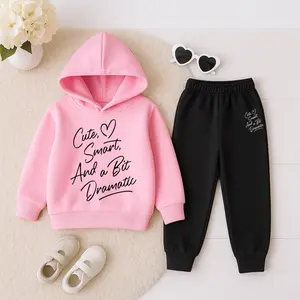 Girls' Cute Smart Print Hooded Tracksuit Set, Featuring A Fleece-Lined Hoodie And Sweatpants, Perfect For Sports, Casual Wear, And Jogging In Autumn And Winter, Suitable For Both Indoor And Outdoor Activities.