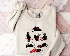 Valentine Black Cat Sweatshirt, Black Cat Love Shirt, Kitten Valentine Shirt, Cat Lover Gift, Cat Mom Sweater, Lover Gift, Heart Cat Sweatshirt, Valentine's Day Gifts, Valentine Sweatshirt