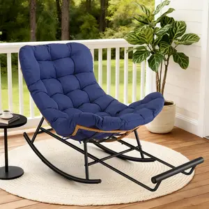 Oversized Papasan Rocking egg Chair with Footstool Set, PE Rattan Outdoor Lounge with Thick Soft Cushion, Sturdy Durable Metal Frame, Perfect for Patio, Porch, Garden, Lawn and Living Room