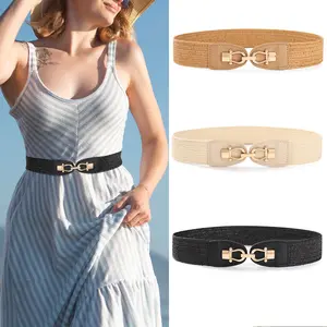 2Pcs/Set Women Belt Boho Ladies Braided Belts Straw Belt Metal Buckle Elastic Waistband Fashion Accessories