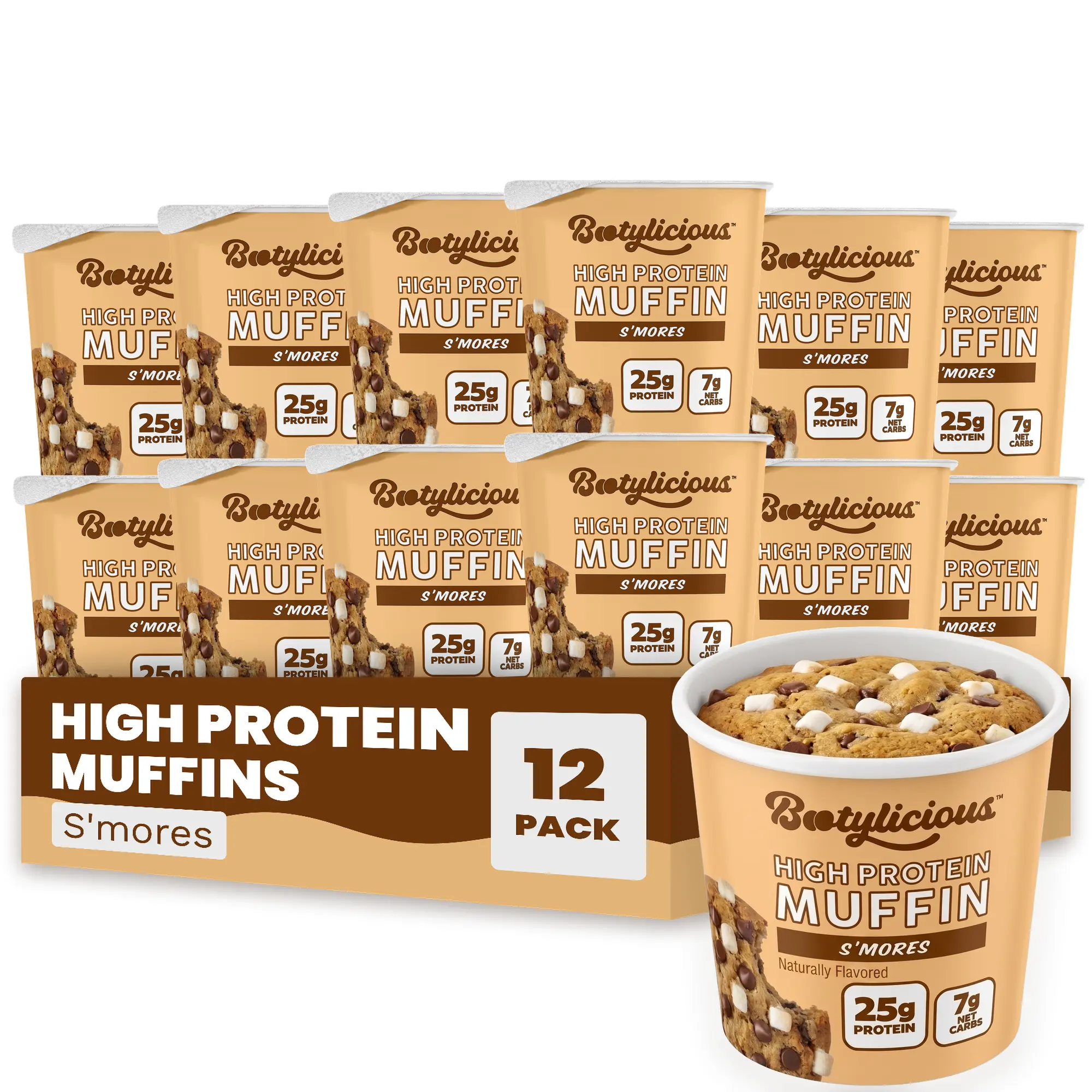 Bootylicious High Protein Muffins, Limited Edition S’mores, 12 Pack, 25g Protein, 7g Net Carbs
