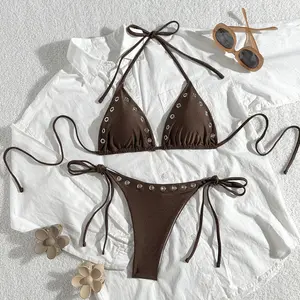 Women's Solid Color Triangle Bikini Set, Metal Eyelet Side Tie Swimsuit, Sexy Two-Piece Beach Vacation Swimwear