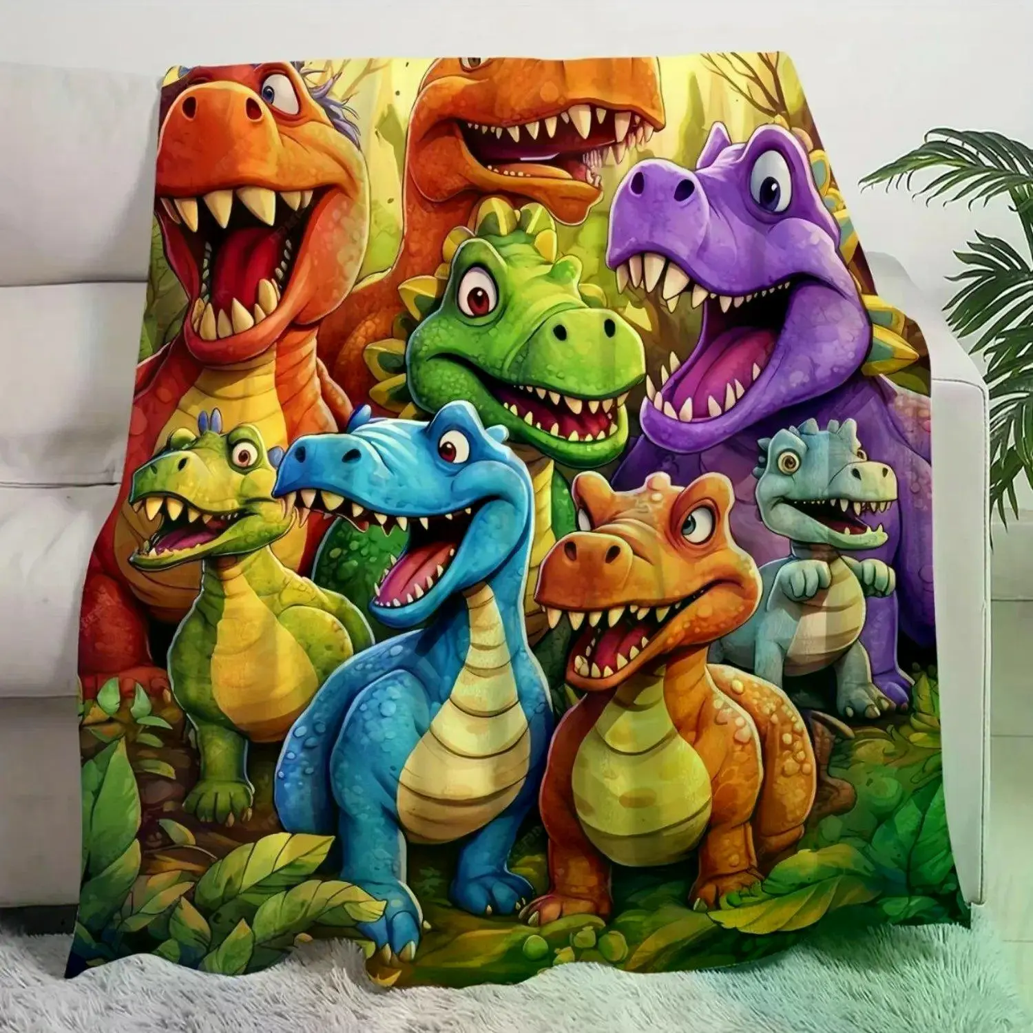 Soft Funny Throw Cute Smiling Dinosaurs HD Digital Print Flannel Contemporary Animal Theme All Season Cozy Knitted Thermo Regulating Blanket Lightweight Fabric Perfect For Napping Christmas Present