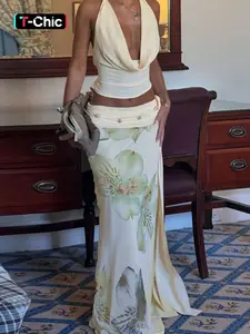 Two-Piece Set Women's Plain Tank Top & Floral Print Skirt, Sleeveless Cowl Neck Top & Skirt Set, Ladies Summer Clothes for Party Club Dating Holiday Beach Vacation, Womenswear