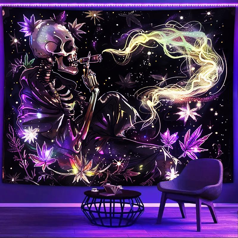 UV Black Light Reactive Wall Hanging Tapestry, Smoking Skull with Plant Leaves Smoke Design, Polyester Decorative Art, Knit Fabric, 85 gsm, for Dorm and Bedroom Decor, No Electricity Needed