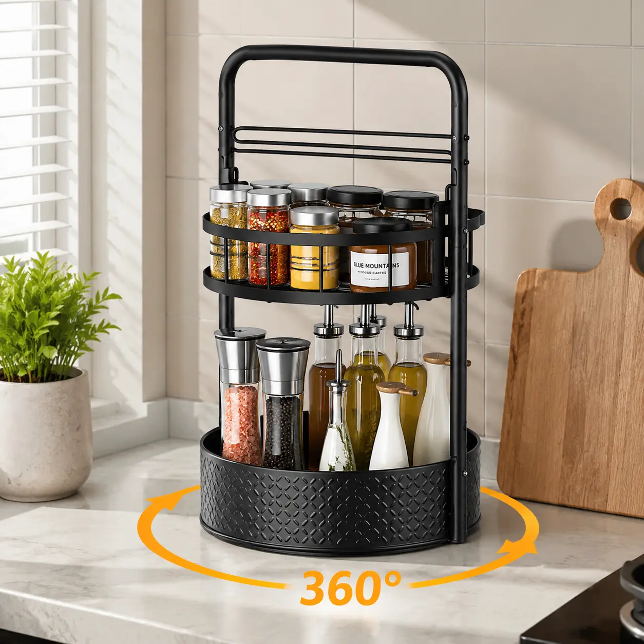 Metal 2-Tier Expandable Lazy Susan Spice Rack Organizer with Paper Towel Holder, Waterproof Cabinet Rack, 360° Rotating, Height-Adjustable, 0 - 5 Kg Capacity, for Home Chefs, Kitchen Countertop