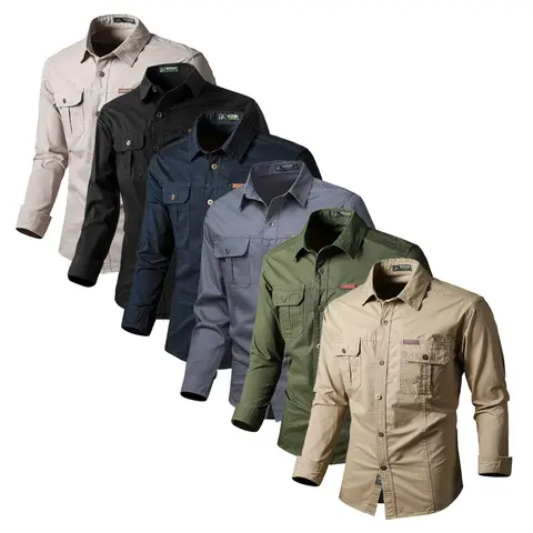 Single piece: men’s pure cotton work-style long-sleeve shirt, new for spring/summer/autumn, lightweight casual design with multiple pockets, simple and stylish. Top ,Menswear