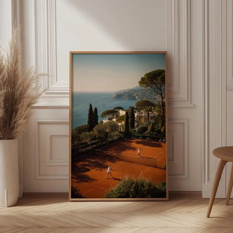 Vintage Tennis Art Print, French Riviera Poster, Old Money Aesthetic, Italian Summer Wall Art, Red Clay Court, Luxury Coastal Decor, Preppy